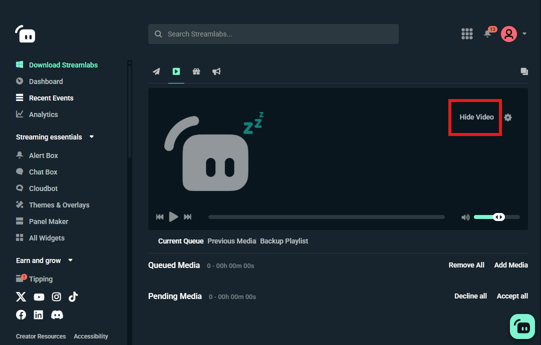 Screenshot of Streamlabs Dashboard showing how to Hide Media share video
